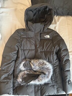 The North Face Black Quilted Hooded Puffer with Faux Fur Trim
